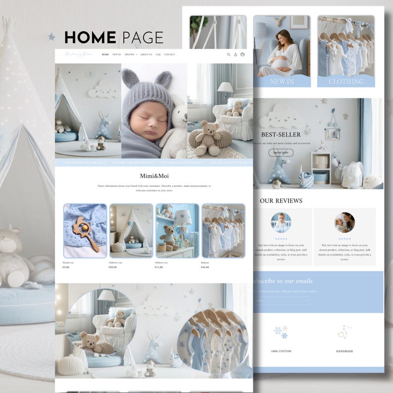 May include: A website homepage for Mimi & Moi, featuring baby products. The page has a light blue and white color scheme. The top section includes a photo of a baby wearing a hat, and the text "HOME PAGE". Other sections showcase clothing and accessories.