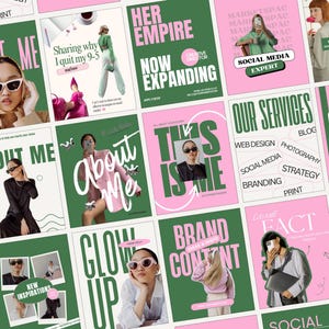 Peut inclure: Une collection de modèles de marketing pour les réseaux sociaux en vert et rose. Les modèles présentent des images de personnes, du texte et des graphiques. Le texte comprend "About Me", "Our Services" et "Brand Content".