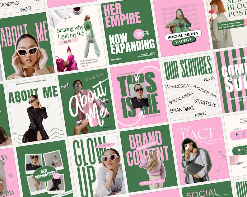May include: A collection of social media marketing templates in green and pink. The templates feature images of people, text, and graphics. Text includes "About Me", "Our Services", and "Brand Content".
