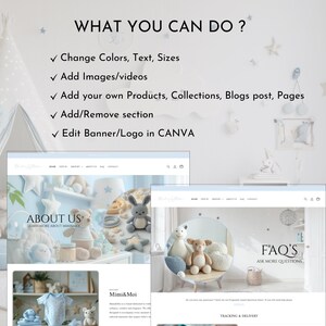 May include: A promotional image with the text "WHAT YOU CAN DO?" and a list of website customization options. Two website mockups are displayed, showcasing a baby product store with plush toys and clothing. The text includes "Change Colors, Text, Sizes" and "Edit Banner/Logo in CANVA."