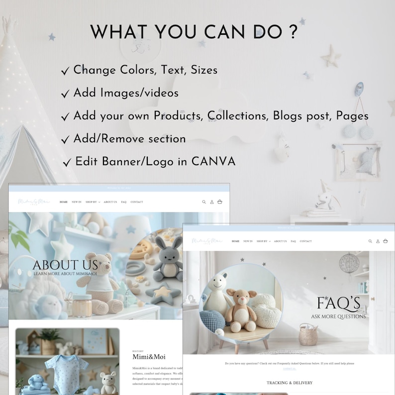 May include: A promotional image with the text "WHAT YOU CAN DO?" and a list of website customization options. Two website mockups are displayed, showcasing a baby product store with plush toys and clothing. The text includes "Change Colors, Text, Sizes" and "Edit Banner/Logo in CANVA."