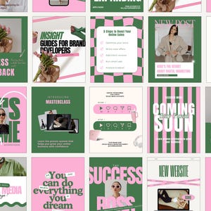 May include: A collection of social media marketing graphics in pink and green. The graphics feature text like "Business Flashback", "Insight Guides", "5 Steps to Boost Your Online Sales", and "Coming Soon". The overall theme is business and marketing.