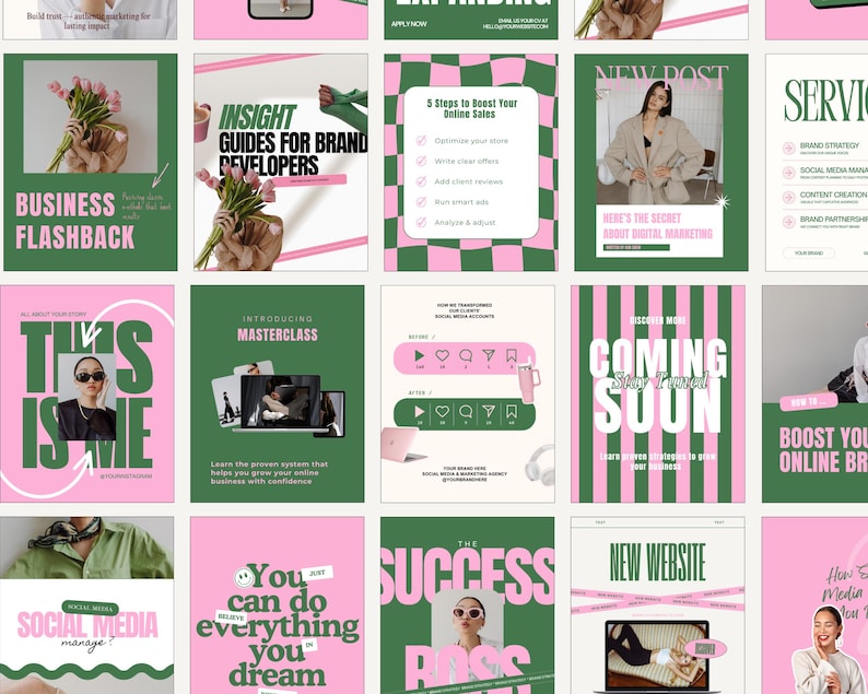 May include: A collection of social media marketing graphics in pink and green. The graphics feature text like "Business Flashback", "Insight Guides", "5 Steps to Boost Your Online Sales", and "Coming Soon". The overall theme is business and marketing.