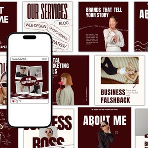 Pu&ograve; includere: Uno smartphone mostra un post sui social media con il testo "NEW INSPIRATIONS", circondato da immagini di marketing. Lo sfondo presenta grafiche quadrate con testo come "OUR SERVICES" e "BRANDS THAT TELL YOUR STORY."