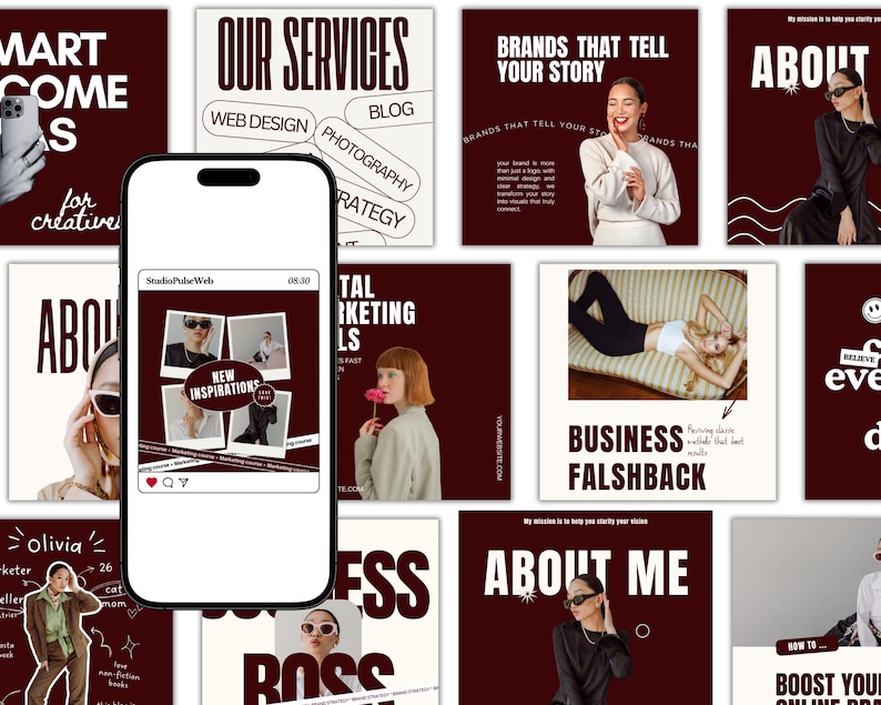 Pu&ograve; includere: Uno smartphone mostra un post sui social media con il testo "NEW INSPIRATIONS", circondato da immagini di marketing. Lo sfondo presenta grafiche quadrate con testo come "OUR SERVICES" e "BRANDS THAT TELL YOUR STORY."
