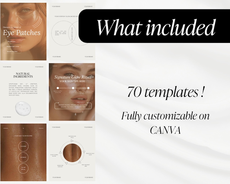 May include: A collection of beauty templates with the text "What included" and "70 templates!" The templates are fully customizable on Canva. The image includes text about eye patches, natural ingredients, and a signature glow ritual.