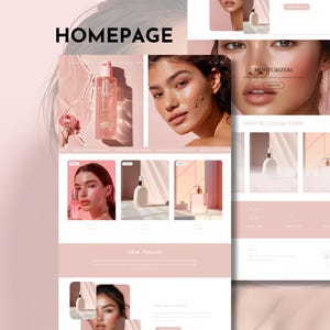 May include: Homepage for a skincare brand featuring a pink and white website design with images of skincare products and models. The website features a section called "Shop by Collections" with categories for moisturizers, face masks, and lotions.