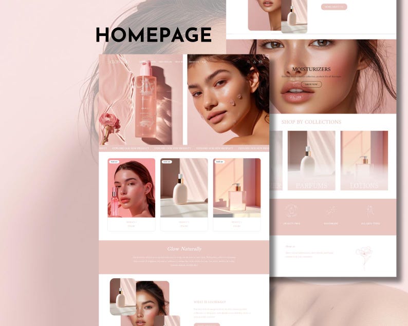 May include: Homepage for a skincare brand featuring a pink and white website design with images of skincare products and models. The website features a section called "Shop by Collections" with categories for moisturizers, face masks, and lotions.