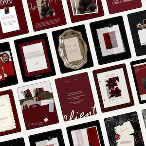 May include: A selection of digital marketing templates in a dark red and white colour scheme. The templates feature images, text, and design elements, including a silver tray and a white paper with a black clip.