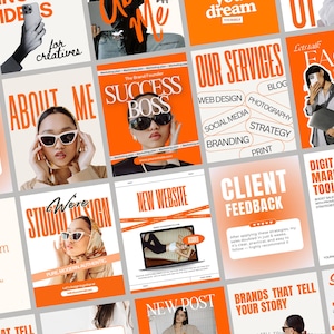 Può includere: Una raccolta di modelli di social media arancioni e bianchi con testo come "I nostri servizi", "Nuovo sito web" e "Feedback dei clienti". I modelli presentano immagini di persone ed elementi di design.