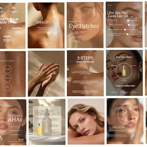 May include: A collage of skincare product advertisements. The images feature close-ups of skin, product bottles, and text such as "What's Your Skin Type?" and "3 Steps Body Skincare." The color palette is neutral with beige and gold tones.