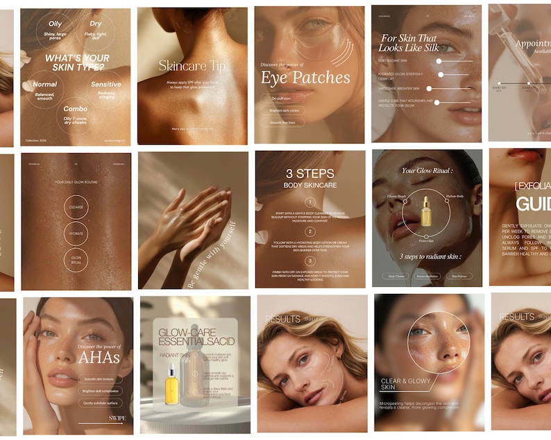 May include: A collage of skincare product advertisements. The images feature close-ups of skin, product bottles, and text such as "What's Your Skin Type?" and "3 Steps Body Skincare." The color palette is neutral with beige and gold tones.