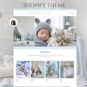 Könnte beinhalten: Ein Website-Mockup für ein Shopify-Theme mit Baby- und Kinderprodukten. Die Seite zeigt ein Baby mit grauem Hut, Spielzeug und ein Kinder-Tipi. Der Name der Website ist Mimi & Moi.