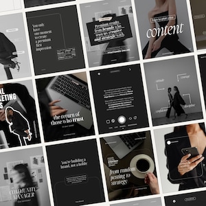 May include: A collection of black and white social media templates with text overlays. The templates feature images of people, laptops, and coffee cups, with phrases like "Digital Marketing Tools" and "How to plan your content."