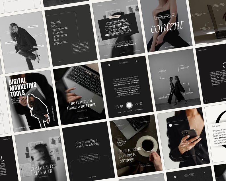 May include: A collection of black and white social media templates with text overlays. The templates feature images of people, laptops, and coffee cups, with phrases like "Digital Marketing Tools" and "How to plan your content."