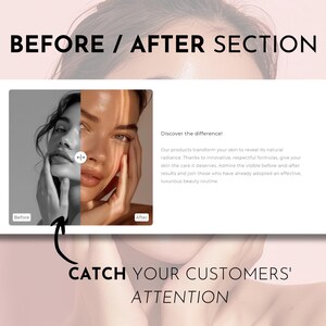 May include: Before and after image showing the difference in skin tone and texture. The image on the left shows a person with dull, gray skin. The image on the right shows the same person with a more radiant, even skin tone. The text reads "Discover the difference! Our products transform your skin to reveal its natural radiance. Thanks to innovative, respectful formulas, give your skin the care it deserves. Admire the visible before-and-after results and join those who have already adopted an effective, luxurious beauty routine. Catch your customers' attention."