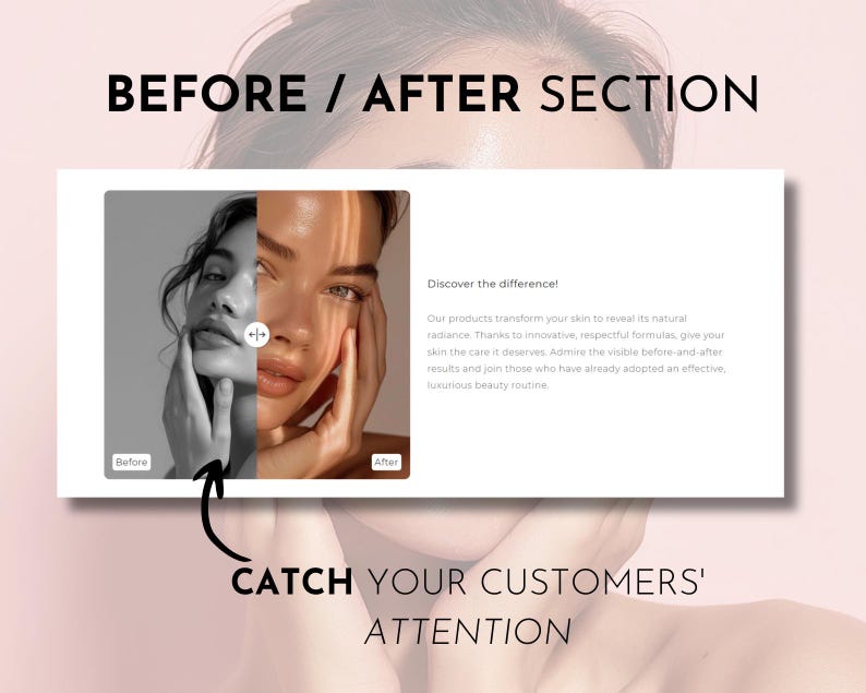May include: Before and after image showing the difference in skin tone and texture. The image on the left shows a person with dull, gray skin. The image on the right shows the same person with a more radiant, even skin tone. The text reads "Discover the difference! Our products transform your skin to reveal its natural radiance. Thanks to innovative, respectful formulas, give your skin the care it deserves. Admire the visible before-and-after results and join those who have already adopted an effective, luxurious beauty routine. Catch your customers' attention."