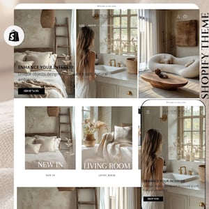 May include: A website homepage for a home decor shop called Maison Boisee. The website features images of a bedroom, living room, and bathroom with a neutral colour palette. The text on the website says "Enhance Your Interior" and "Unique objects designed to create a soft, natural ambience".