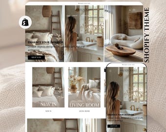 Puede incluir: Una página de inicio de un sitio web para una tienda de decoración del hogar llamada Maison Boisee. El sitio web presenta imágenes de un dormitorio, una sala de estar y un baño con una paleta de colores neutros. El texto en el sitio web dice "Enhance Your Interior" y "Unique objects designed to create a soft, natural ambience".