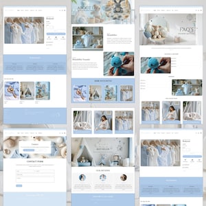 May include: A website layout featuring baby products. The design includes sections for bodysuits, contact forms, and an 'About Us' page. Soft blue and white colors are used throughout the site, with images of baby clothes and toys.