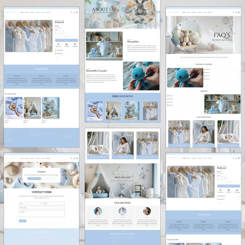 May include: A website layout featuring baby products. The design includes sections for bodysuits, contact forms, and an 'About Us' page. Soft blue and white colors are used throughout the site, with images of baby clothes and toys.
