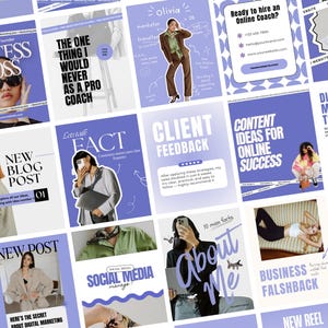 Può includere: Una collezione di modelli di marketing per social media con una combinazione di colori viola e bianco. I modelli presentano testi come "Success Boss", "New Blog Post" e "About Me". Le immagini includono foto di persone.