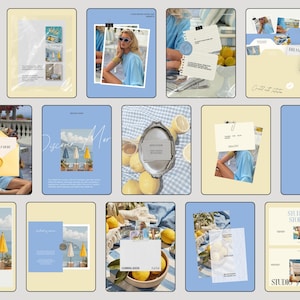 Peut inclure: Une collection de modèles pour réseaux sociaux présentant une palette de couleurs bleu clair et crème avec des images de citrons, de parasols de plage et de scènes côtières. Les designs incluent des espaces pour texte, photos et graphiques.