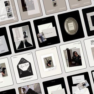 Può includere: Una collezione di mockup di design digitale, tra cui biglietti da visita, buste e lettere del marchio. I design presentano fotografie in bianco e nero, layout minimalisti e caratteri scritti a mano. L'estetica generale è moderna e sofisticata.