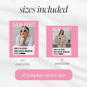 May include: Pink and white digital marketing templates with the text "NEW POST" and "HERE'S THE SECRET ABOUT DIGITAL MARKETING." The image includes two templates in 4:5 and 1:1 sizes, with the text "50 templates in two sizes."