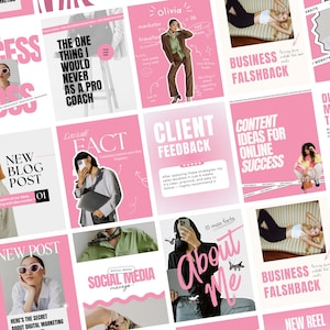 Può includere: Una raccolta di modelli di social media rosa e bianchi con testo come "Successo", "Nuovo post del blog" e "Chi sono". Le immagini presentano persone e grafica relative al marketing digitale e agli affari.