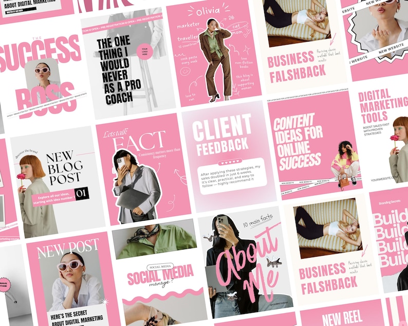 May include: A collection of pink and white social media templates with text like "Success," "New Blog Post," and "About Me." The images feature people and graphics related to digital marketing and business.