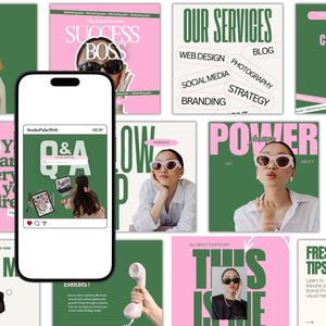 May include: A smartphone displays a social media post with a Q&A graphic. Surrounding the phone are various marketing-themed posters in pink and green, featuring text like "Success," "Our Services," and "Fresh Tips." The overall aesthetic is modern and visually engaging.