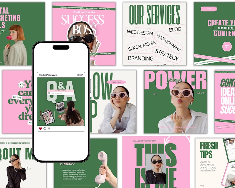 May include: A smartphone displays a social media post with a Q&A graphic. Surrounding the phone are various marketing-themed posters in pink and green, featuring text like "Success," "Our Services," and "Fresh Tips." The overall aesthetic is modern and visually engaging.