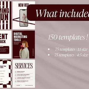 Pu&ograve; includere: Un set di modelli di marketing digitale nei colori bordeaux e bianco. L'immagine include testo come "Coming Soon", "Client Feedback" e "Digital Marketing Tools". Il set include 150 modelli nei formati 1:1 e 4:5.