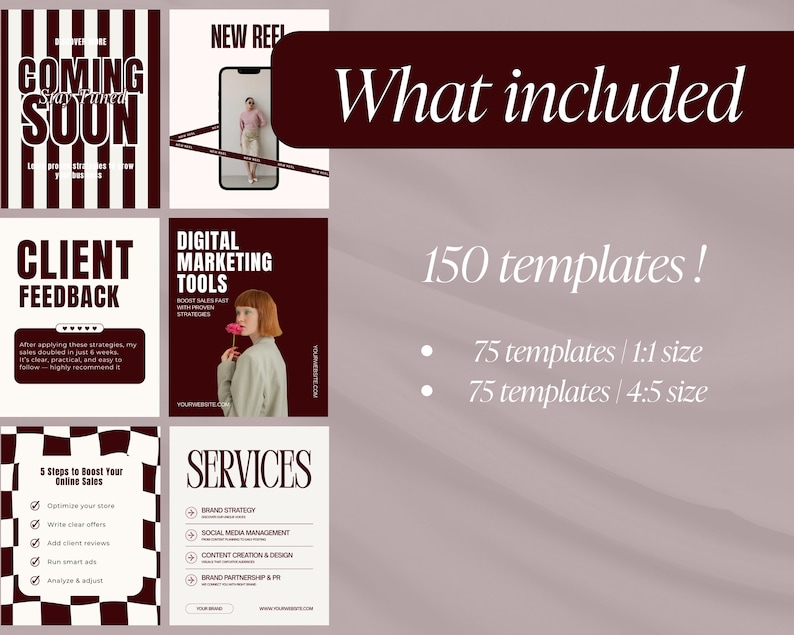 Pu&ograve; includere: Un set di modelli di marketing digitale nei colori bordeaux e bianco. L'immagine include testo come "Coming Soon", "Client Feedback" e "Digital Marketing Tools". Il set include 150 modelli nei formati 1:1 e 4:5.