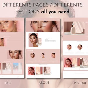 May include: Website screenshots showing different sections of a beauty product website. The website features a pink color scheme and images of women with makeup. The sections include FAQ, About Us, and Product.