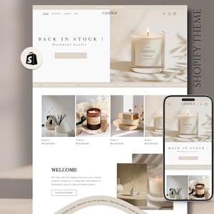 Modello di sito web per candele, tema per candele Shopify, tema Shopify 2.0, modello minimalista Shopify, banner per siti web modificabili
