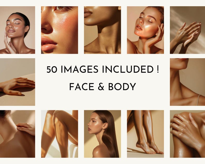 May include: A collage of images featuring various models with glowing skin. The images showcase different angles of the face and body, highlighting the natural beauty of the skin. The text "50 IMAGES INCLUDED! FACE & BODY" is displayed in the center of the collage.