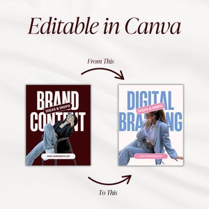 Pu&ograve; includere: Un'immagine che mostra un concept di design, con il testo "Editable in Canva" in alto. Presenta due mockup: uno con "BRAND CONTENT" e l'altro con "DIGITAL BRANDING", entrambi con il testo "IDEAS & INSPO".