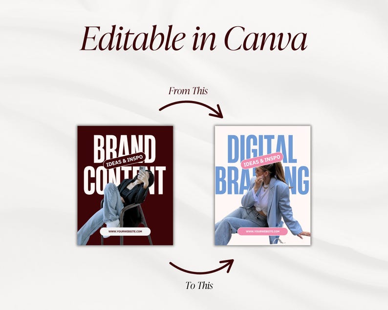 Pu&ograve; includere: Un'immagine che mostra un concept di design, con il testo "Editable in Canva" in alto. Presenta due mockup: uno con "BRAND CONTENT" e l'altro con "DIGITAL BRANDING", entrambi con il testo "IDEAS & INSPO".