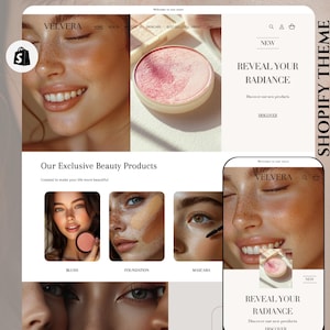 Tema bellezza Shopify | Template trucco, cura della pelle e cosmetici Shopify | Sito di lusso, minimalista e reattivo | Banner CANVA