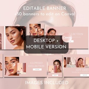 May include: A collection of pink and white social media banners for a beauty brand. The banners feature a woman's face, product bottles, and the text "NEW COLLECTION", "GLOWEGO COLLECTION", and "NEW ARRIVALS".