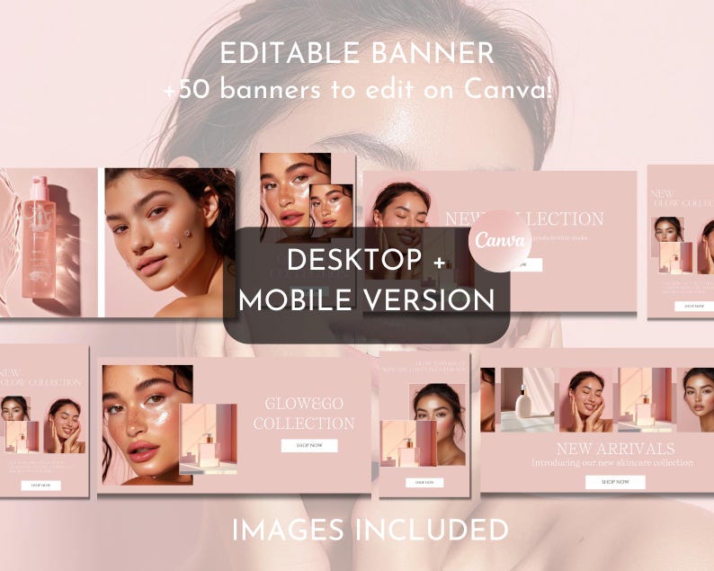 May include: A collection of pink and white social media banners for a beauty brand. The banners feature a woman's face, product bottles, and the text "NEW COLLECTION", "GLOWEGO COLLECTION", and "NEW ARRIVALS".