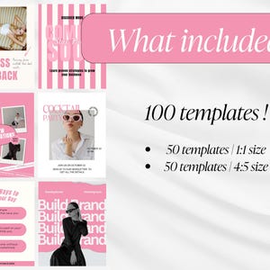 May include: A pink and white graphic design with the text "What included" and "100 templates!" The image includes examples of templates with text such as "Business Falshback" and "Cocktail Party".