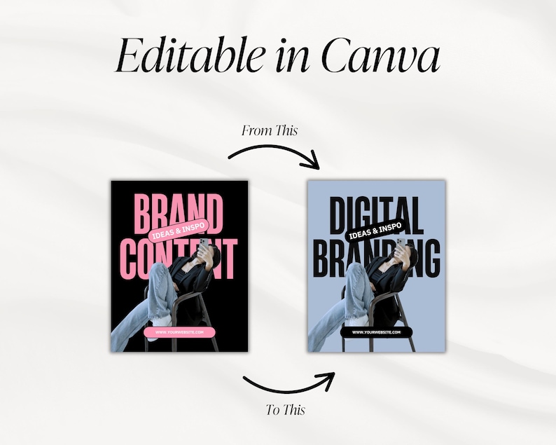 May include: Image showcasing two design templates, one with a black background and pink text reading "BRAND CONTENT," and the other with a light blue background and black text reading "DIGITAL BRANDING." The text "Editable in Canva" is at the top.