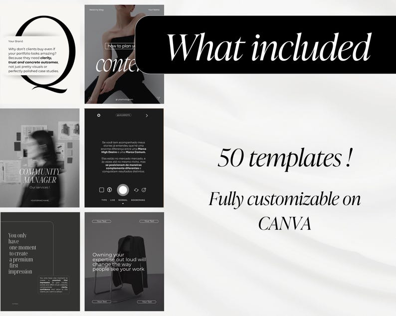 May include: A digital marketing graphic with the text "What included" above "50 templates!" and "Fully customizable on CANVA." The image has a black and white aesthetic with various design elements.