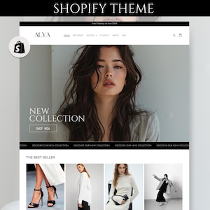 Peut inclure: Page d'accueil d'un site Web pour une boutique de vêtements en ligne appelée ALYA. La page d'accueil présente un mannequin portant un pull blanc et une photo d'une nouvelle collection avec un bouton pour acheter maintenant. La page d'accueil présente également une section appelée "Le meilleur vendeur" avec des photos de quatre articles différents.