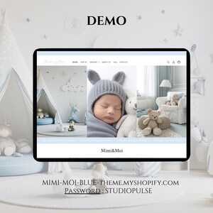 May include: A website mockup on a tablet displays a baby-themed online store. The site features a baby wearing a blue hat with bunny ears, a white stuffed animal, and a teddy bear. The website's name is Mimi&Moi, with the word "DEMO" at the top.