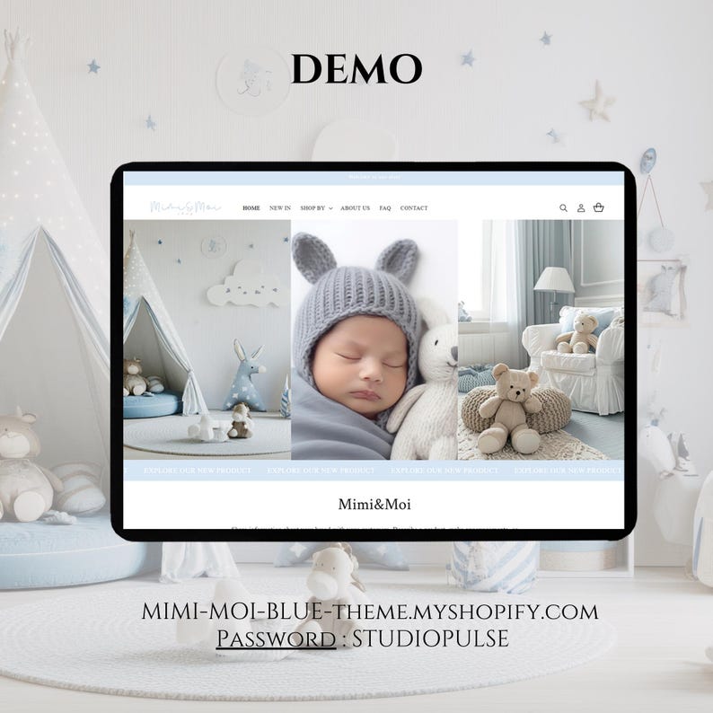 May include: A website mockup on a tablet displays a baby-themed online store. The site features a baby wearing a blue hat with bunny ears, a white stuffed animal, and a teddy bear. The website's name is Mimi&Moi, with the word "DEMO" at the top.