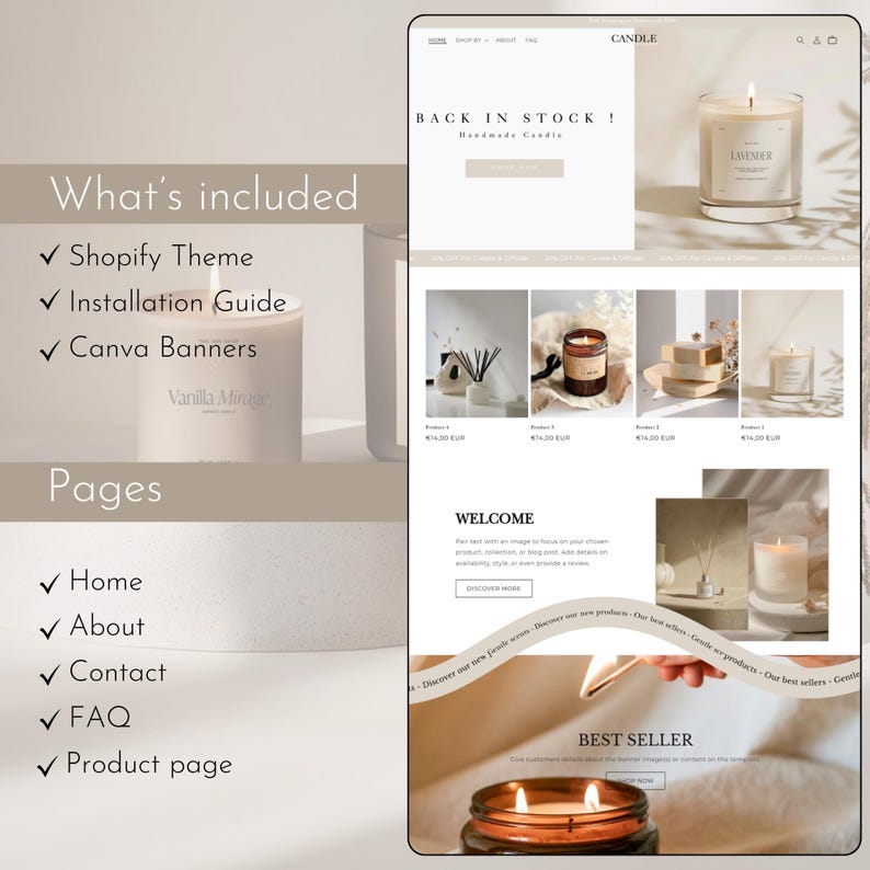 Kerzen-Website-Vorlage, Shopify-Theme für Kerzen, Shopify 2.0-Theme, minimalistische Shopify-Vorlage, veränderbare Website-Banner Bild 3